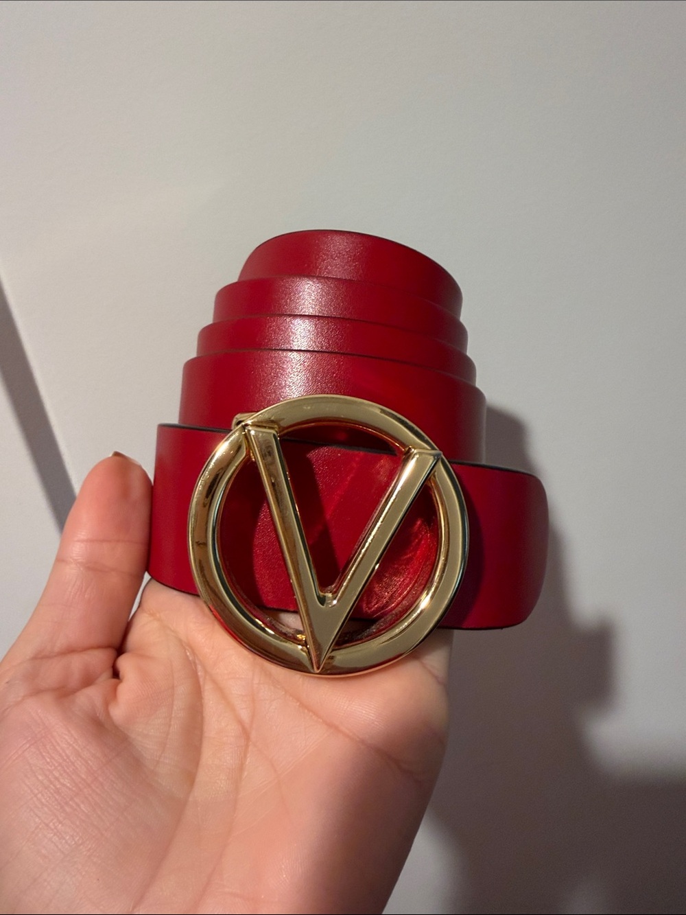 Valentino Red Leather Belt with Gold V Buckle
